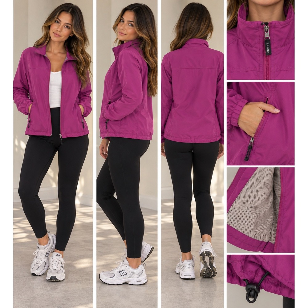 L.L.Bean Women's M Reg Magenta Windbreaker Jacket Mesh Lined Zip Pockets 299793